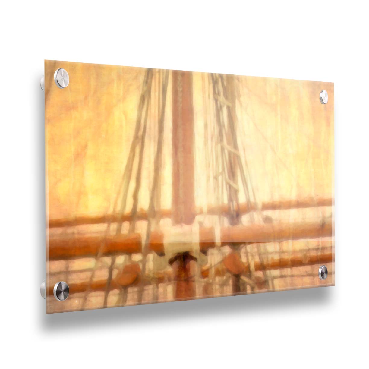 A photo of a ship's rigging against a yellow and orange sky. Printed on acrylic.