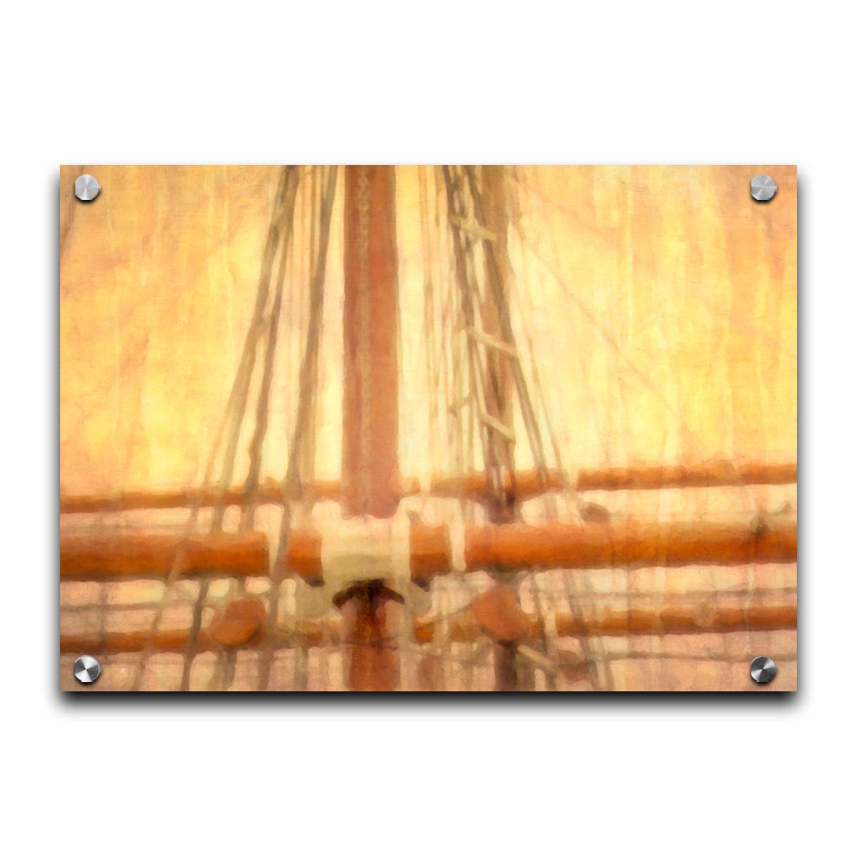 A photo of a ship's rigging against a yellow and orange sky. Printed on acrylic.