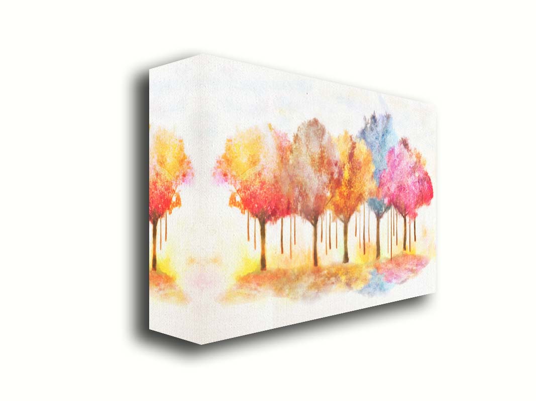 A watercolor-like photo composition depicting a grove of trees in a pink, blue, and orange color pallete. Printed on canvas.