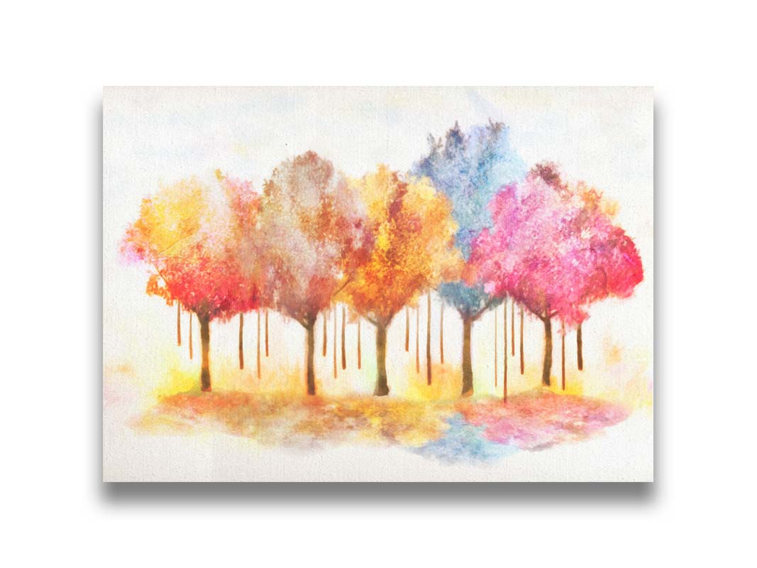 A watercolor-like photo composition depicting a grove of trees in a pink, blue, and orange color pallete. Printed on canvas.