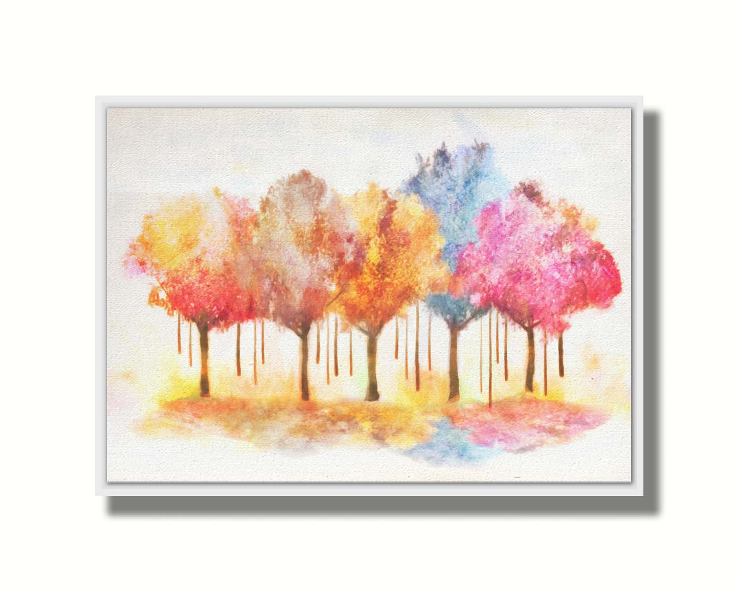 A watercolor-like photo composition depicting a grove of trees in a pink, blue, and orange color pallete. Printed on canvas in a float frame.