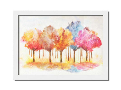 A watercolor-like photo composition depicting a grove of trees in a pink, blue, and orange color pallete. Printed on canvas and framed.