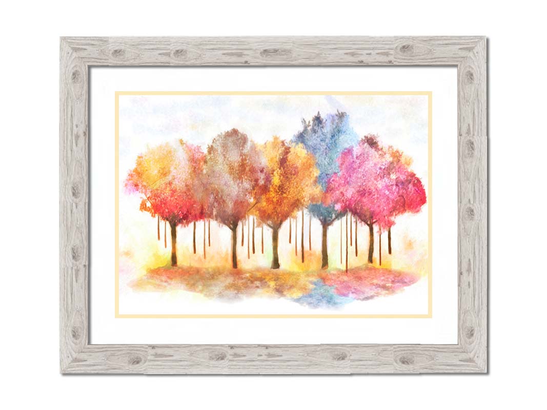 A watercolor-like photo composition depicting a grove of trees in a pink, blue, and orange color pallete. Printed on paper, matted, and framed.