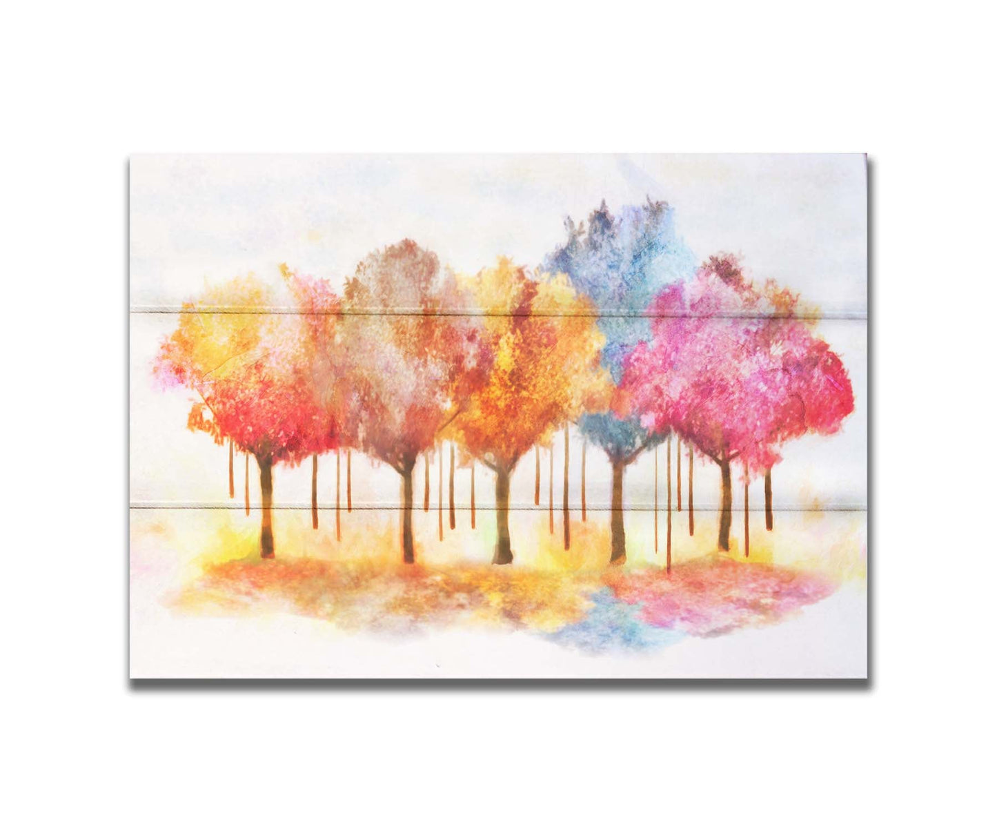 A watercolor-like photo composition depicting a grove of trees in a pink, blue, and orange color pallete. Printed on a box board.