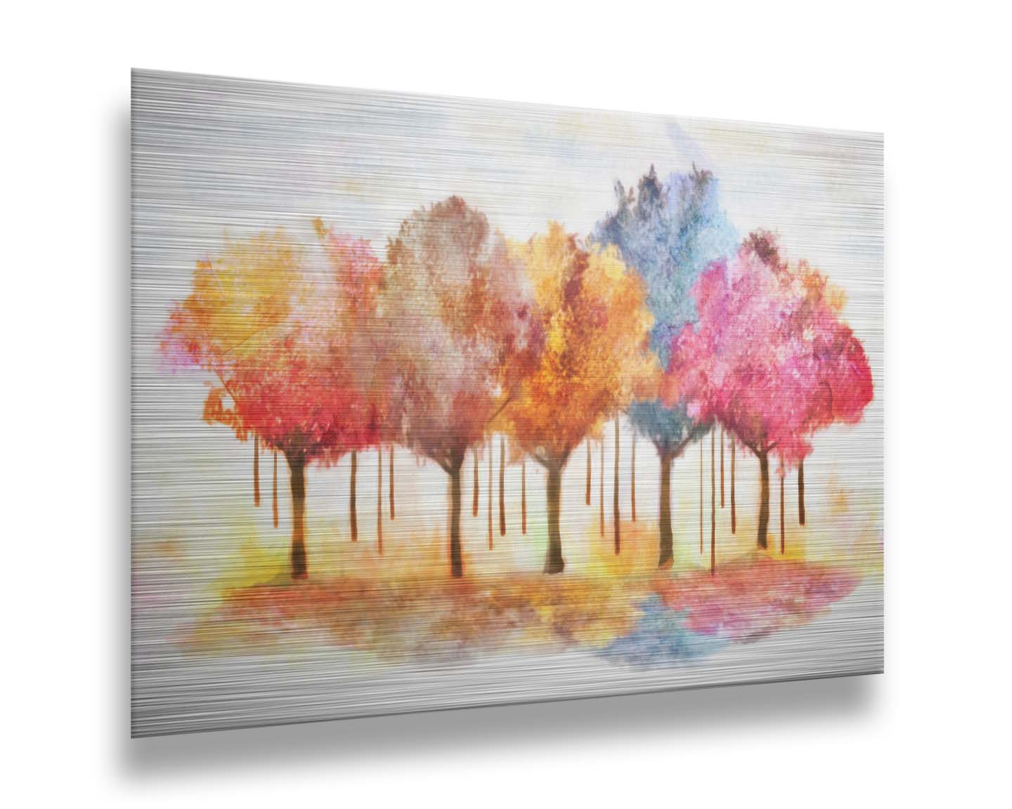 A watercolor-like photo composition depicting a grove of trees in a pink, blue, and orange color pallete. Printed on metal.