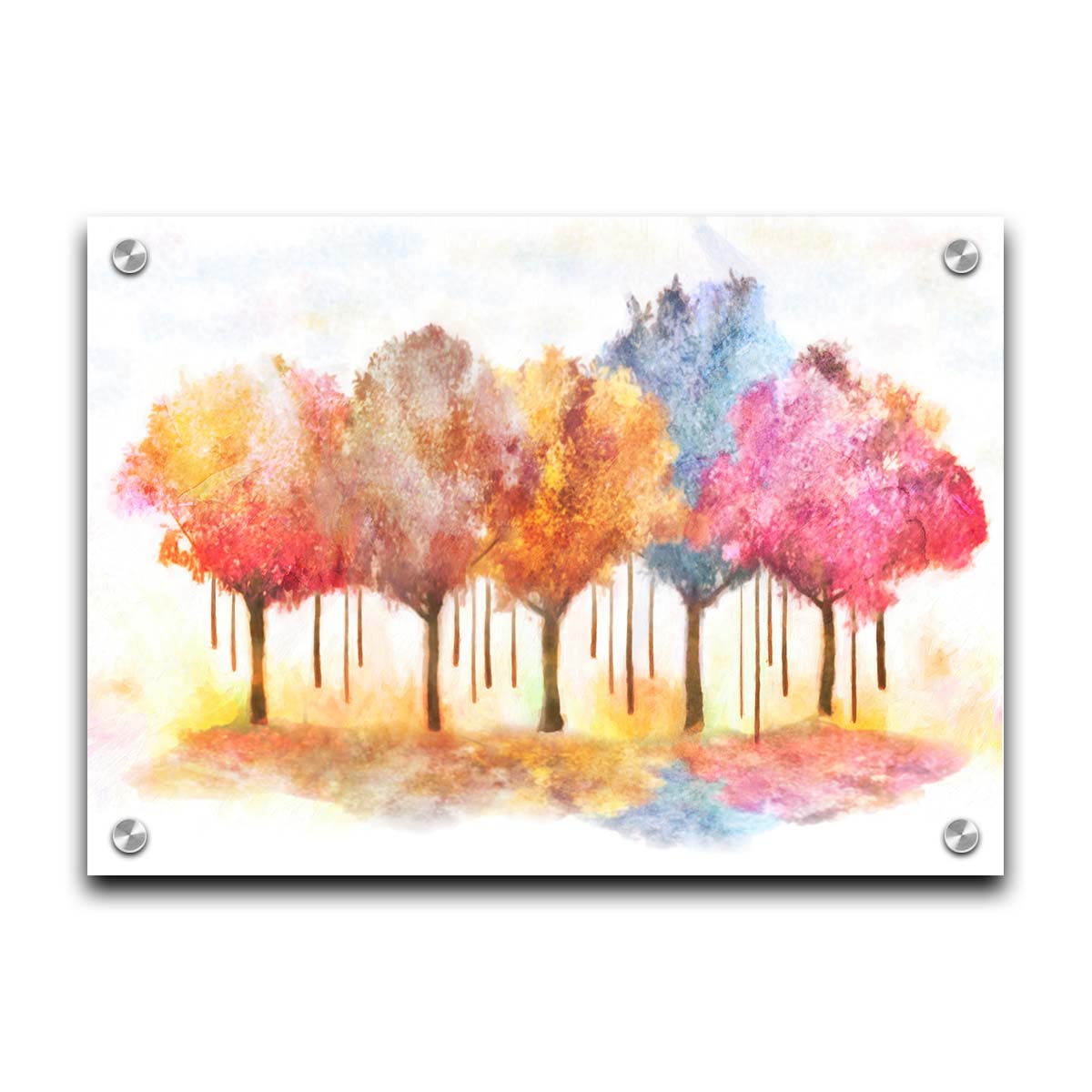 A watercolor-like photo composition depicting a grove of trees in a pink, blue, and orange color pallete. Printed on acrylic.