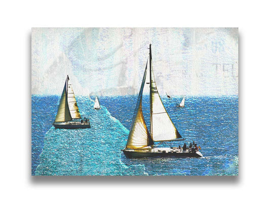 A photo of several sail boats at sea, edited to be rough and paper-textured with some unclear text in the backgrond. Printed on canvas.