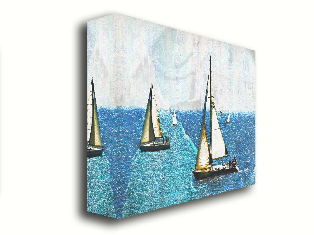 A photo of several sail boats at sea, edited to be rough and paper-textured with some unclear text in the backgrond. Printed on canvas.