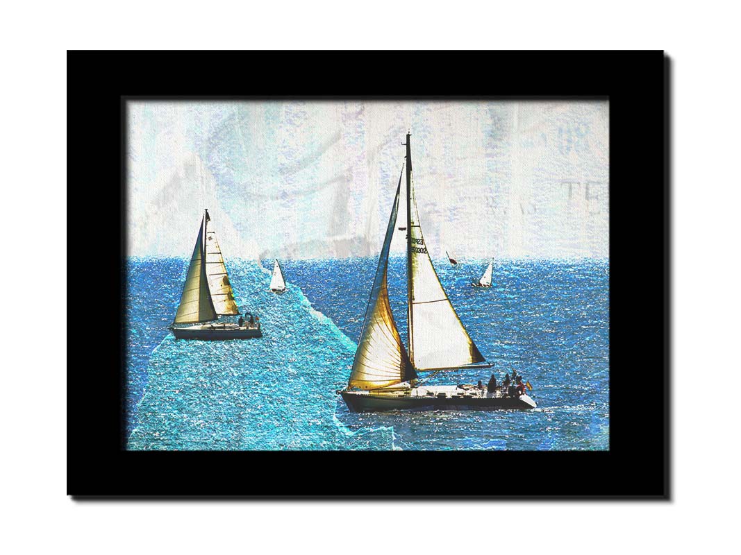 A photo of several sail boats at sea, edited to be rough and paper-textured with some unclear text in the backgrond. Printed on canvas and framed.