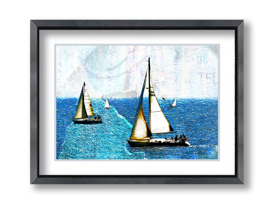 A photo of several sail boats at sea, edited to be rough and paper-textured with some unclear text in the backgrond. Printed on paper, matted, and framed.