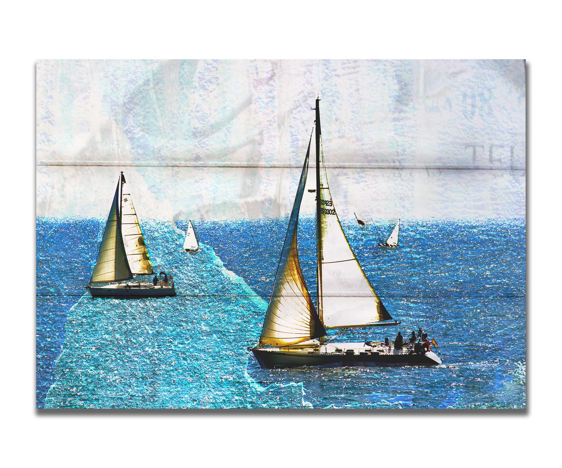 A photo of several sail boats at sea, edited to be rough and paper-textured with some unclear text in the backgrond. Printed on a box board.