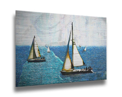 A photo of several sail boats at sea, edited to be rough and paper-textured with some unclear text in the backgrond. Printed on metal.