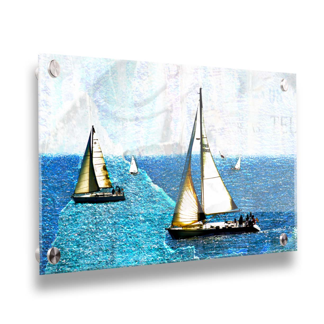 A photo of several sail boats at sea, edited to be rough and paper-textured with some unclear text in the backgrond. Printed on acrylic.