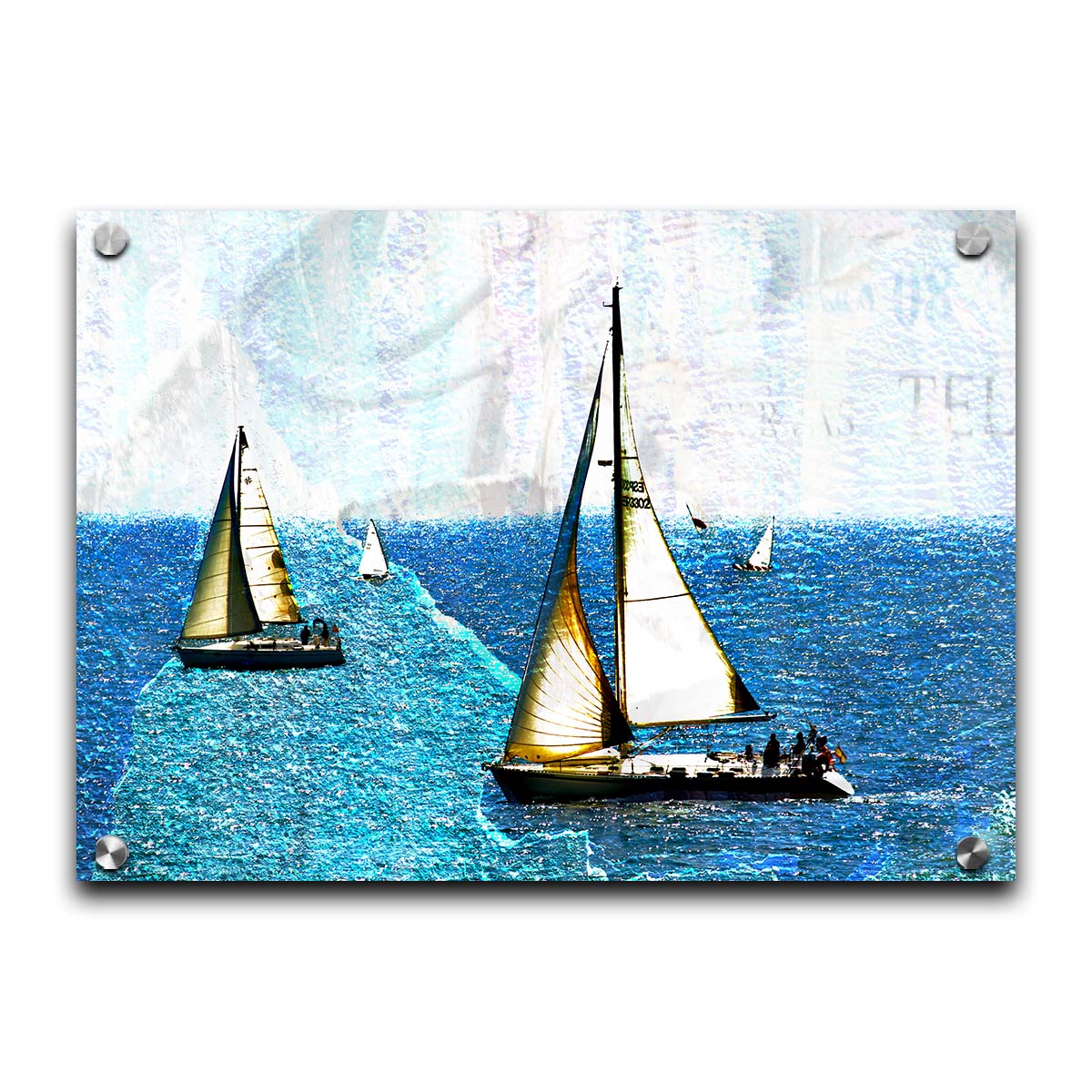 A photo of several sail boats at sea, edited to be rough and paper-textured with some unclear text in the backgrond. Printed on acrylic.