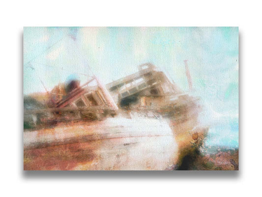 A photo of an old, shipwrecked boat on the beach. Printed on canvas.