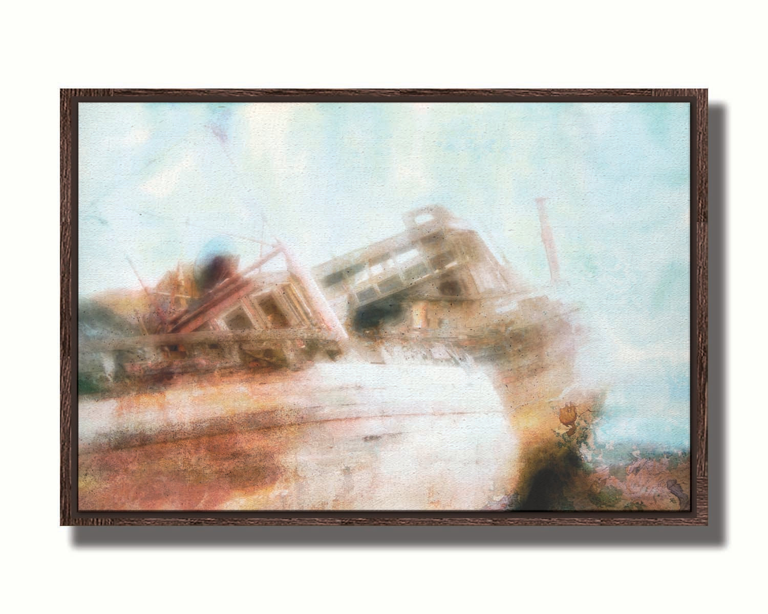 A photo of an old, shipwrecked boat on the beach. Printed on canvas in a float frame.