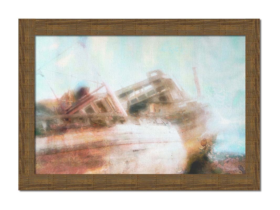 A photo of an old, shipwrecked boat on the beach. Printed on canvas and framed.