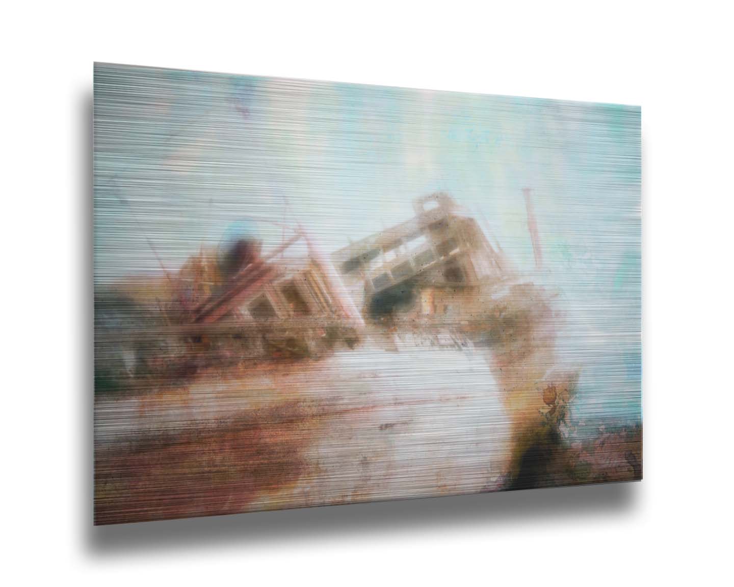 A photo of an old, shipwrecked boat on the beach. Printed on metal.