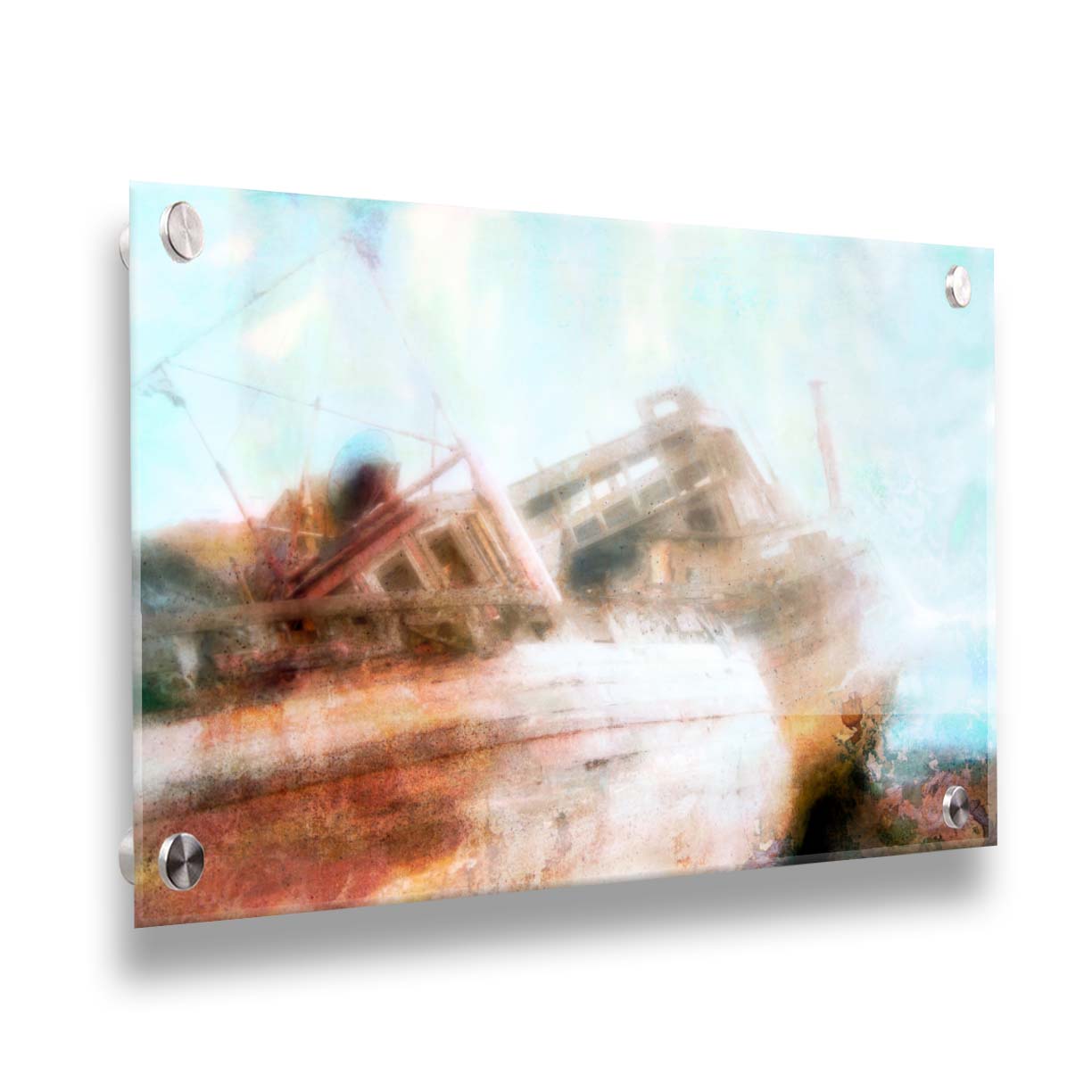 A photo of an old, shipwrecked boat on the beach. Printed on acrylic.