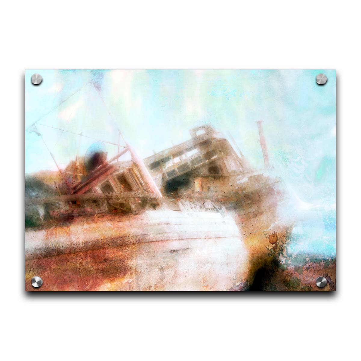 A photo of an old, shipwrecked boat on the beach. Printed on acrylic.