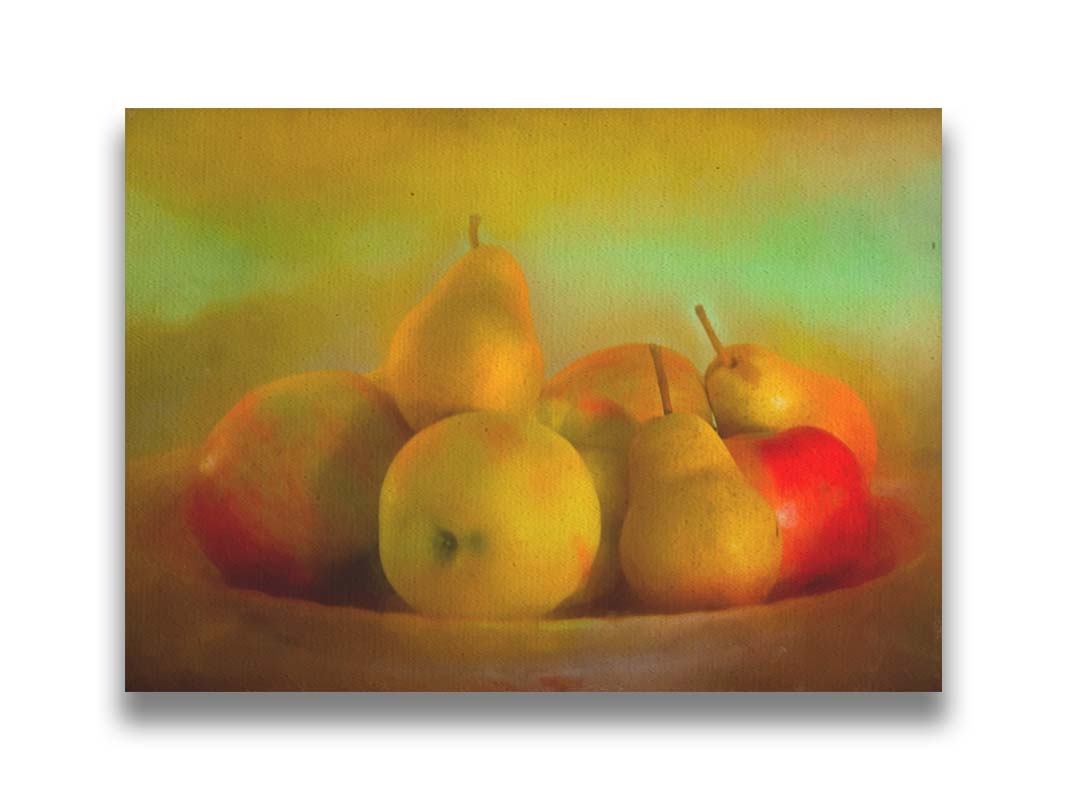 A photo of a dish of apples and pears, in a greenish yellow light. Printed on canvas.