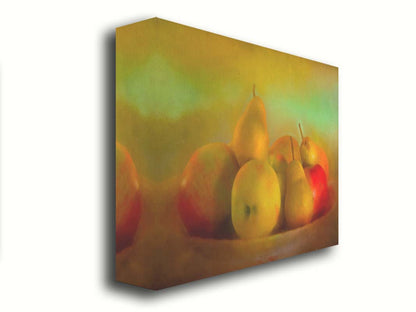 A photo of a dish of apples and pears, in a greenish yellow light. Printed on canvas.