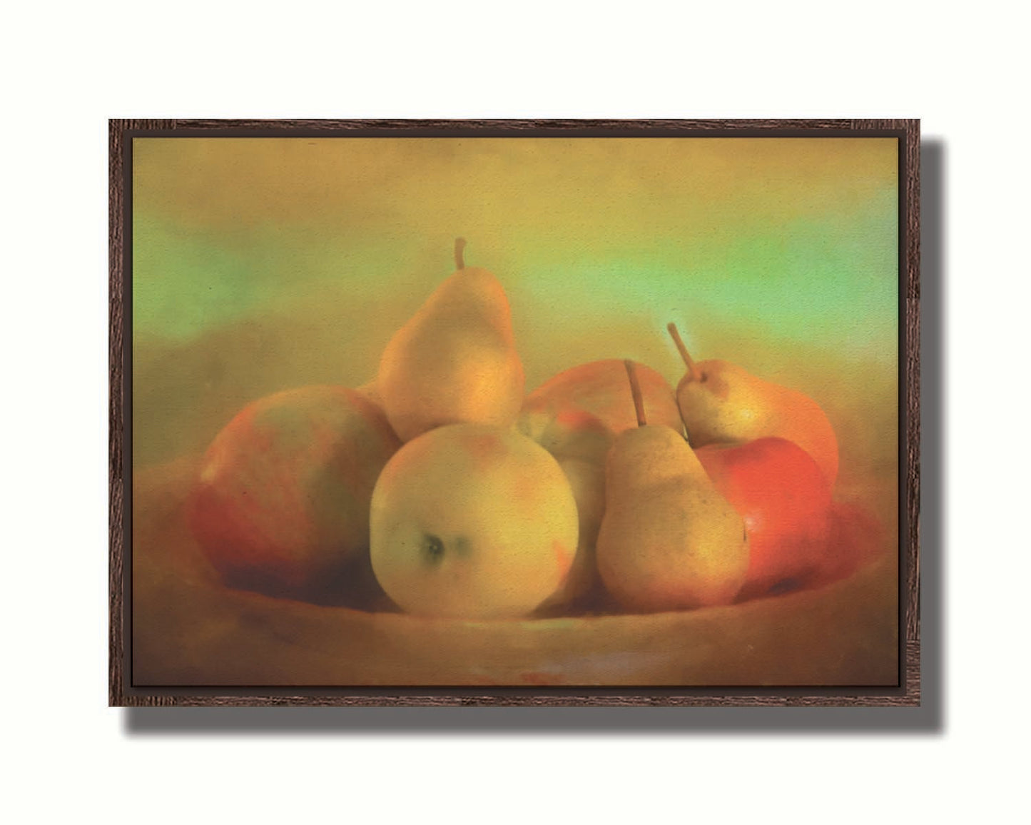 A photo of a dish of apples and pears, in a greenish yellow light. Printed on canvas in a float fame.