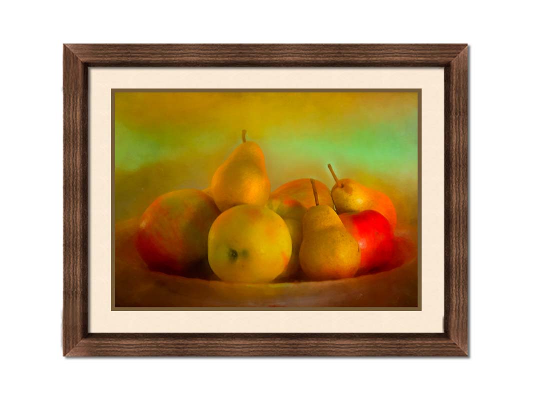 A photo of a dish of apples and pears, in a greenish yellow light. Printed on paper, matted, and framed.