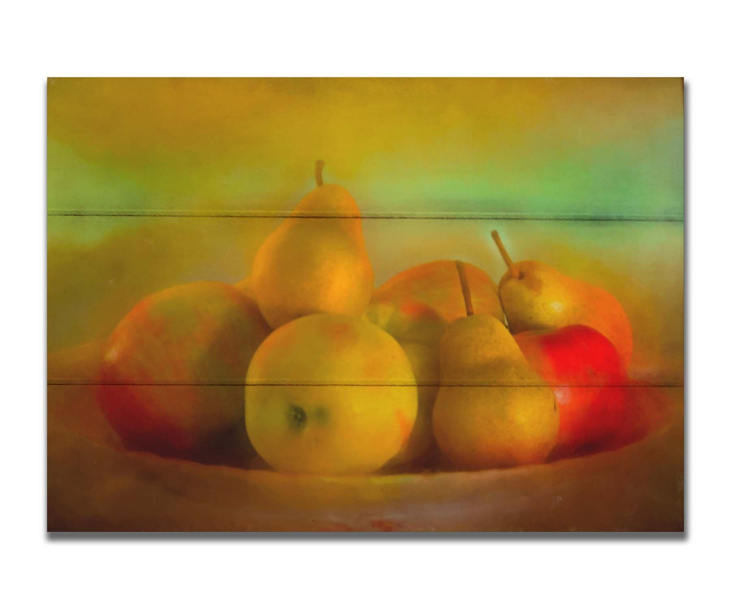 A photo of a dish of apples and pears, in a greenish yellow light. Printed on a box board.