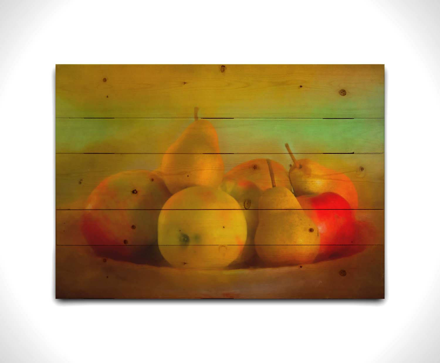 A photo of a dish of apples and pears, in a greenish yellow light. Printed on a wood pallet.