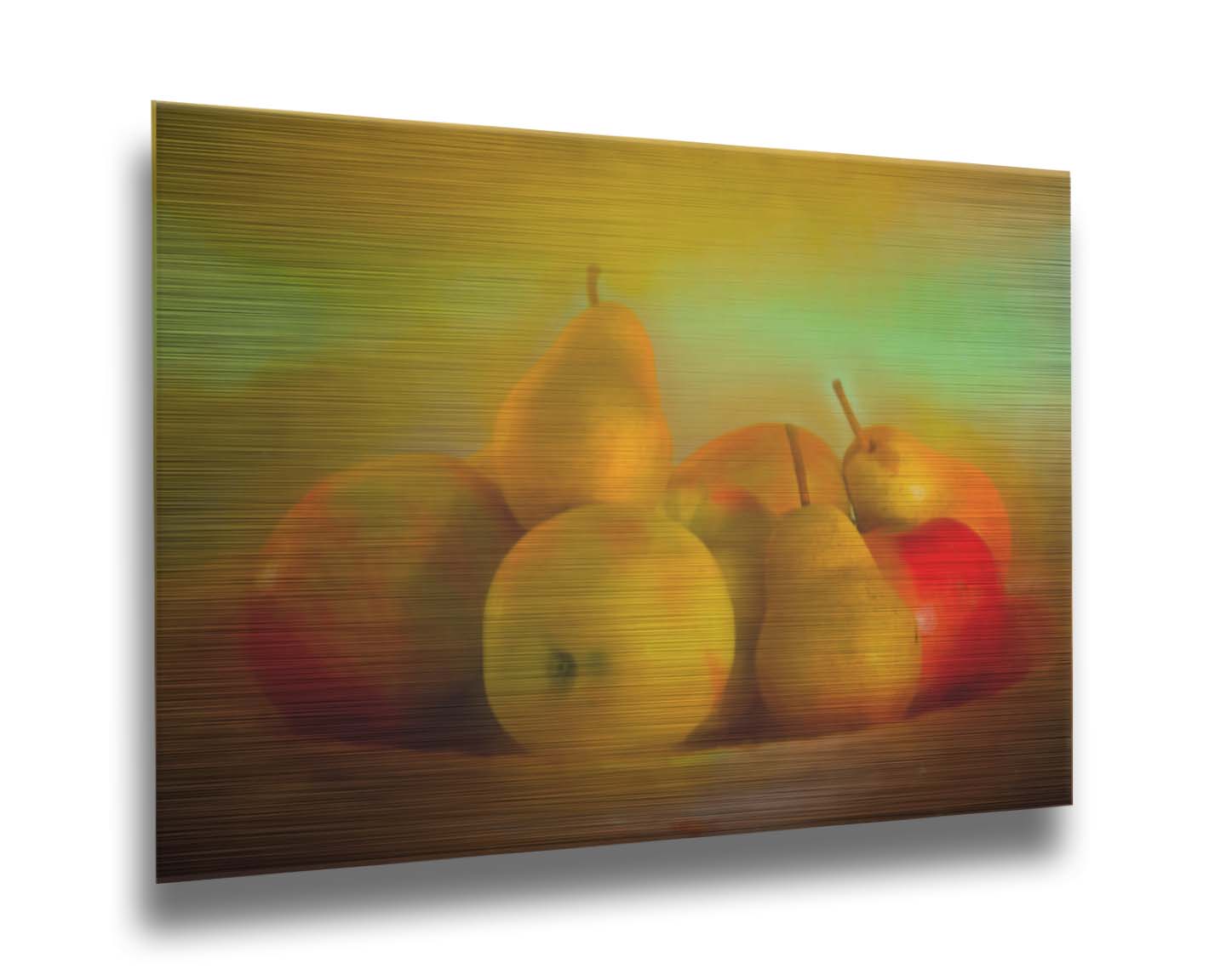 A photo of a dish of apples and pears, in a greenish yellow light. Printed on metal.