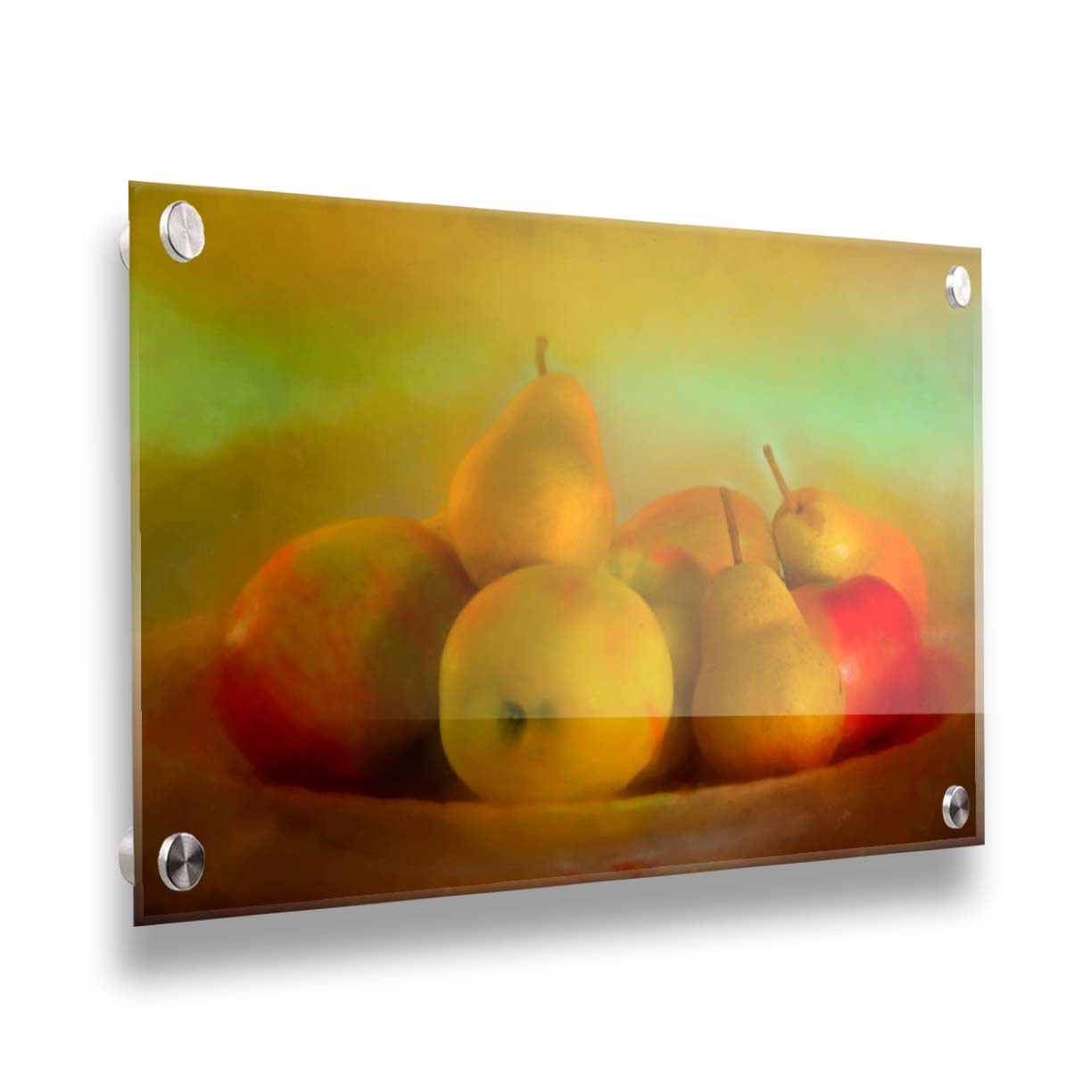 A photo of a dish of apples and pears, in a greenish yellow light. Printed on acrylic.