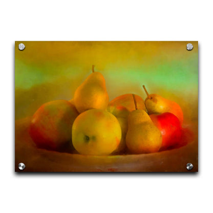 A photo of a dish of apples and pears, in a greenish yellow light. Printed on acrylic.