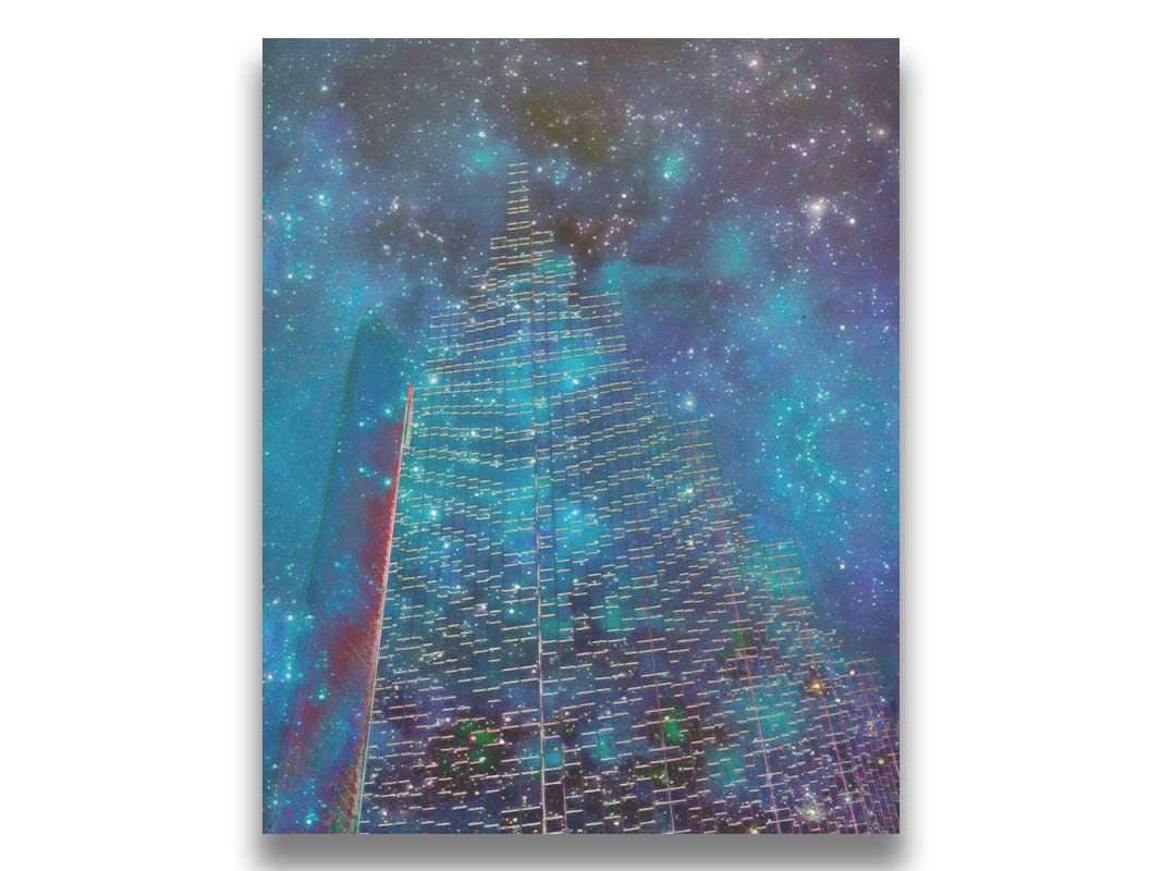 A photo edit combining a skyscraper cityscape with a sky view of space. The lights of the building outlines and windows meld into the lights of the stars. Printed on canvas.