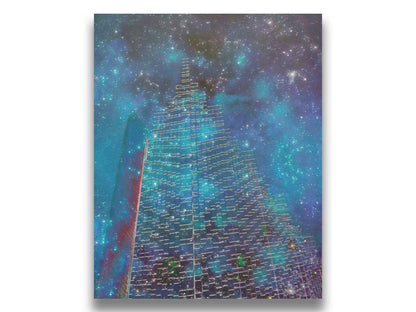 A photo edit combining a skyscraper cityscape with a sky view of space. The lights of the building outlines and windows meld into the lights of the stars. Printed on canvas.