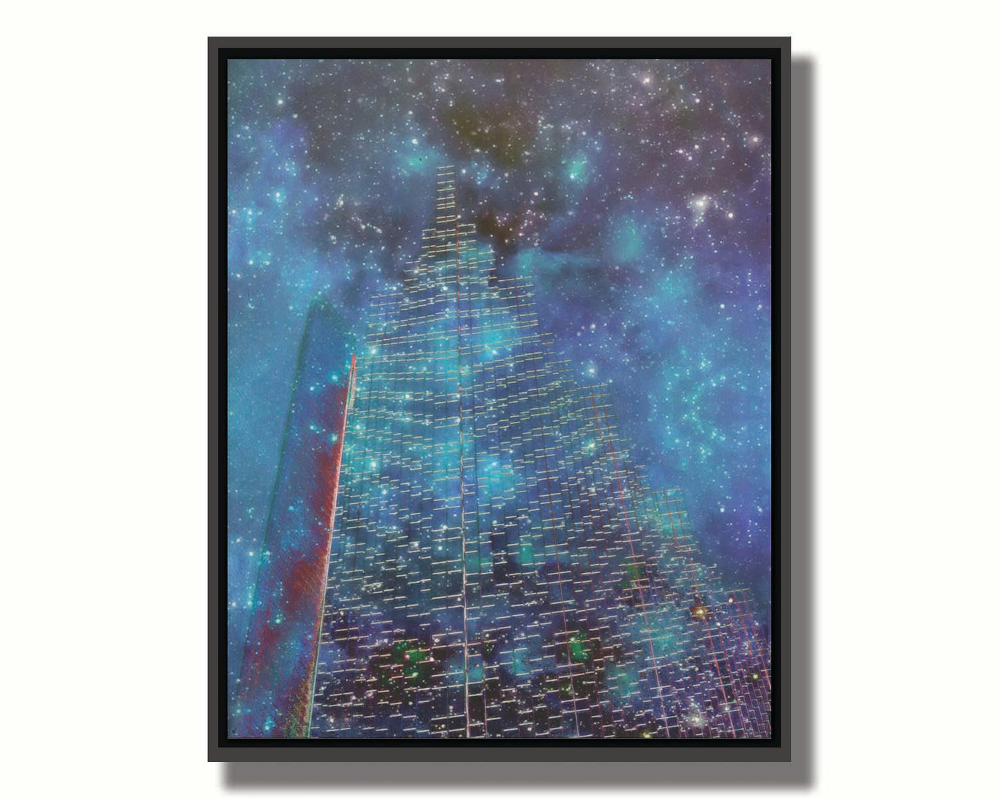 A photo edit combining a skyscraper cityscape with a sky view of space. The lights of the building outlines and windows meld into the lights of the stars. Printed on canvas in a float frame.