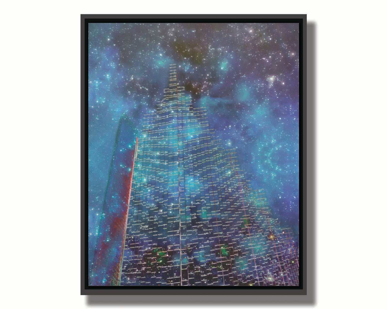 A photo edit combining a skyscraper cityscape with a sky view of space. The lights of the building outlines and windows meld into the lights of the stars. Printed on canvas in a float frame.