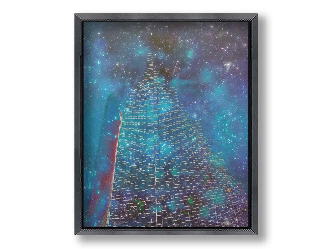 A photo edit combining a skyscraper cityscape with a sky view of space. The lights of the building outlines and windows meld into the lights of the stars. Printed on canvas and framed.