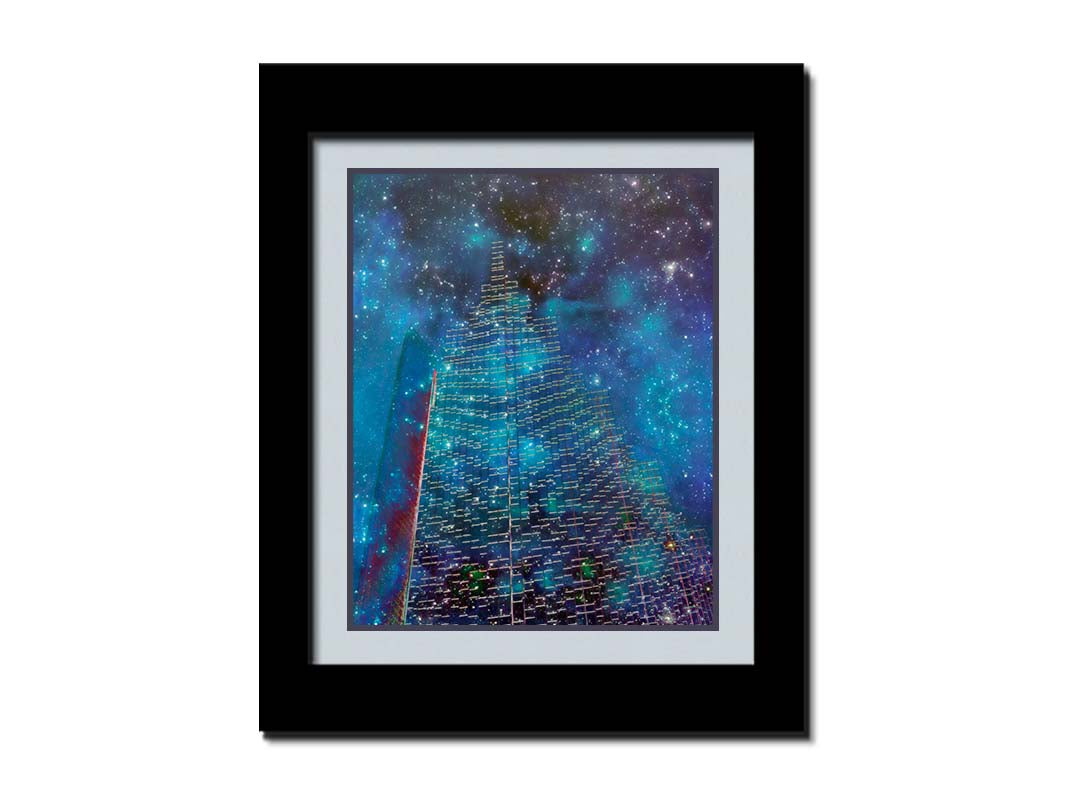 A photo edit combining a skyscraper cityscape with a sky view of space. The lights of the building outlines and windows meld into the lights of the stars. Printed on paper, matted, and framed.