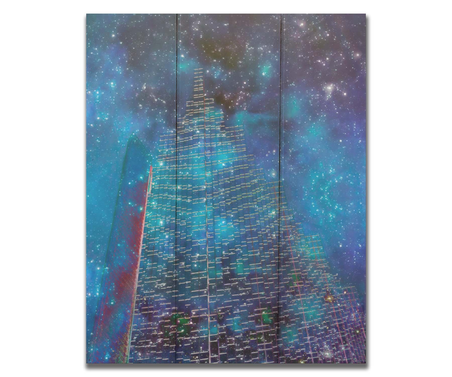 A photo edit combining a skyscraper cityscape with a sky view of space. The lights of the building outlines and windows meld into the lights of the stars. Printed on a box board.