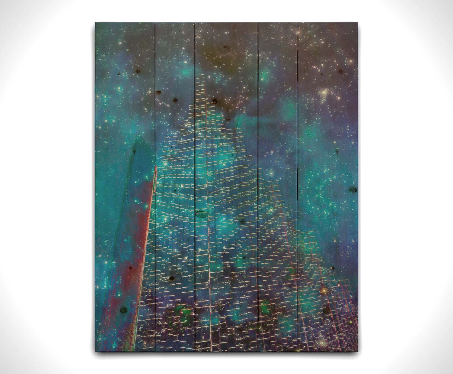 A photo edit combining a skyscraper cityscape with a sky view of space. The lights of the building outlines and windows meld into the lights of the stars. Printed on a wood pallet.