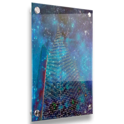 A photo edit combining a skyscraper cityscape with a sky view of space. The lights of the building outlines and windows meld into the lights of the stars. Printed on acrylic.