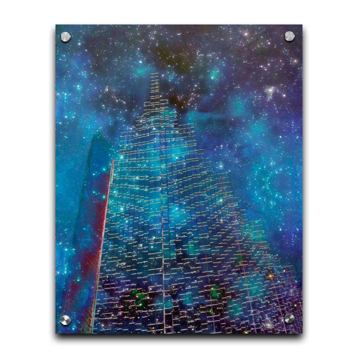 A photo edit combining a skyscraper cityscape with a sky view of space. The lights of the building outlines and windows meld into the lights of the stars. Printed on acrylic.