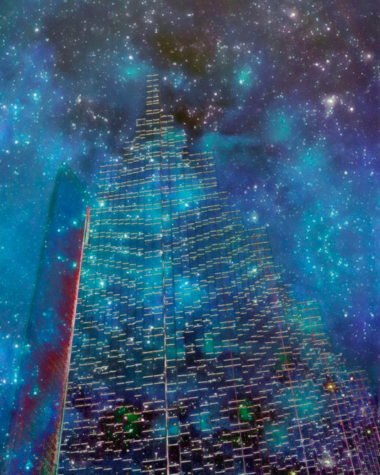 A photo edit combining a skyscraper cityscape with a sky view of space. The lights of the building outlines and windows meld into the lights of the stars.