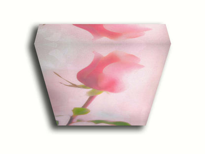 A photo of a pink rose against a light pink background, edited with a painterly effect. Printed on canvas.