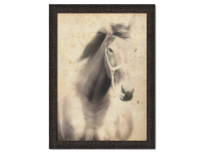 A sepia photo of a horse, overlayed with weathered textures. Printed on canvas and framed.