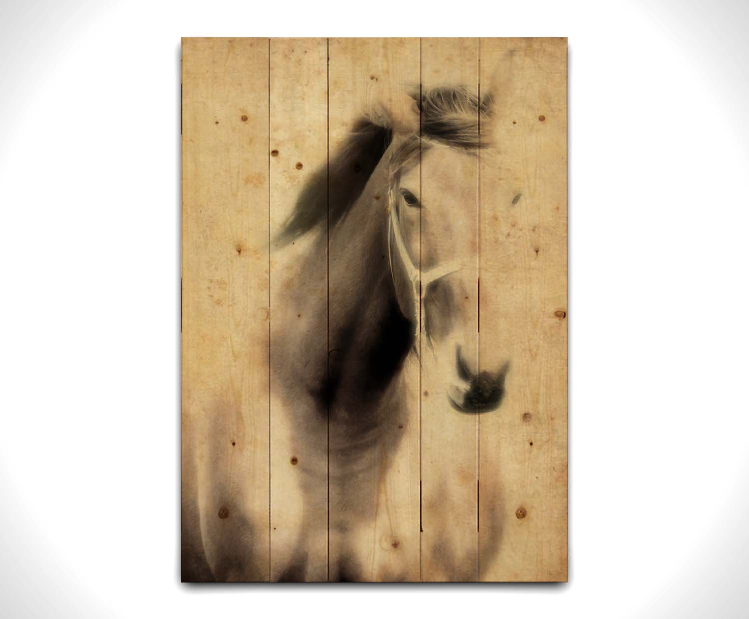 A sepia photo of a horse, overlayed with weathered textures. Printed on a wood pallet.