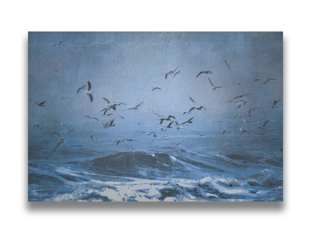 An edited photo of a flock of seagulls swarming over the sea in search of food, as the sky darkens and the waves pick up with an oncoming storm. Printed on canvas.