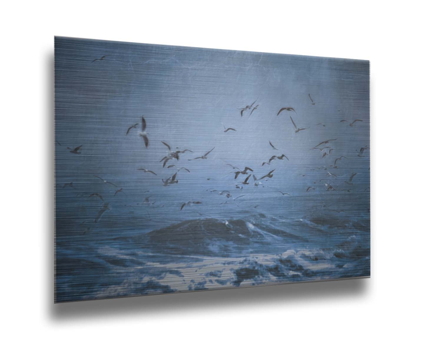 An edited photo of a flock of seagulls swarming over the sea in search of food, as the sky darkens and the waves pick up with an oncoming storm. Printed on metal.