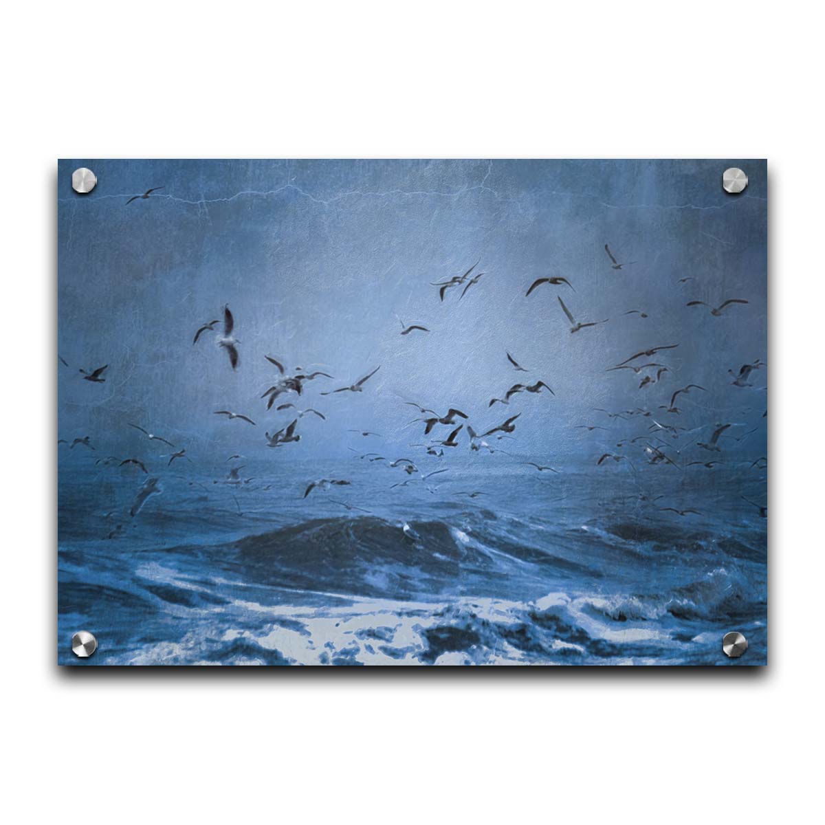 An edited photo of a flock of seagulls swarming over the sea in search of food, as the sky darkens and the waves pick up with an oncoming storm. Printed on acrylic.